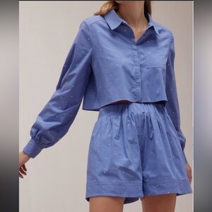 NWT Jason Wu Blue Rhinestone Embellished Cropped Shirt/ High Waist Shorts Set